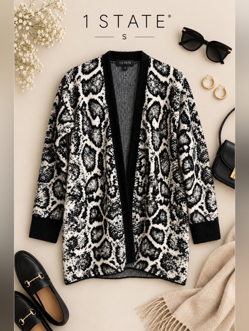 EUC 1.STATE Long Open Front Black and White Animal Print Cardigan, Size S